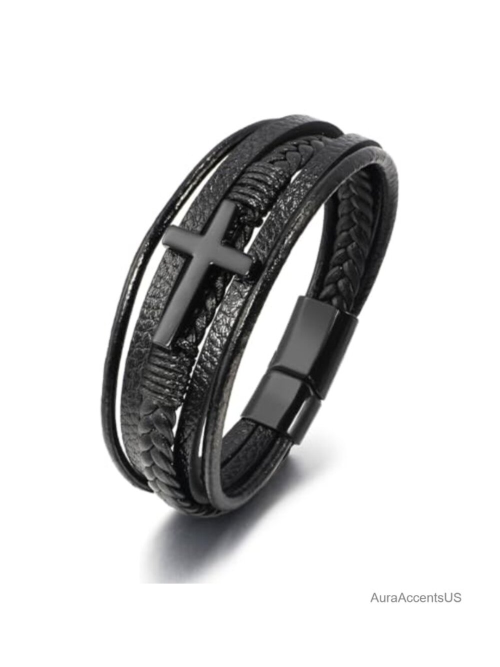 Cross Leather Bracelet Men Women Stainless Steel Cuff Bangle Clasp